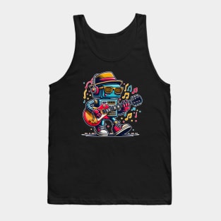 A Rockin' Blues Robot Blues Guitar Rock and Roll Robot Plays Lead Guitar with Music Notes Floating Around Tank Top